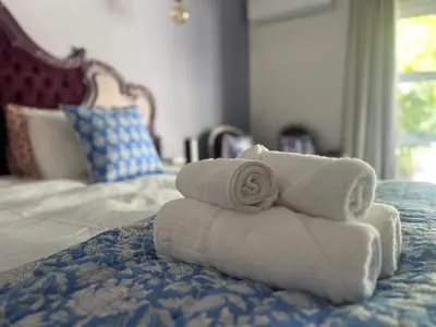 a pile of towels sitting on top of a bed at The Botanical House in Somerset West