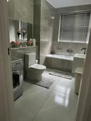 a bathroom with a toilet and a sink and a washing machine at 102 Palma Eyrie Holiday Apartments in Cape Town