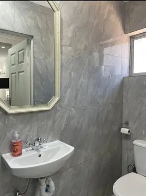 a bathroom with a sink and a mirror and a toilet at Tia Maria cottage in Cape Town