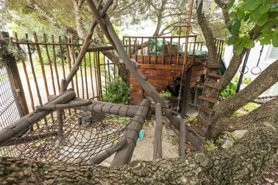 a playground with a tree and a fence at Tuis en Tevrede - 1 Bedroom Flat in Hermanus