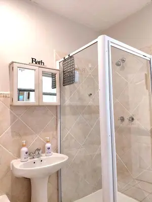 a bathroom with a shower and a sink at The Skinny Expat - Paarl - Self Catering Apartment in Paarl