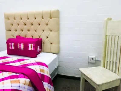a bedroom with a bed with a pink pillow and a chair at 33 Goulborn street Goodwood in Cape Town