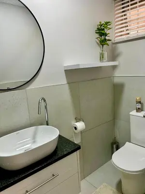 a bathroom with a sink and a toilet and a mirror at Stellenbosch Serenity in Stellenbosch