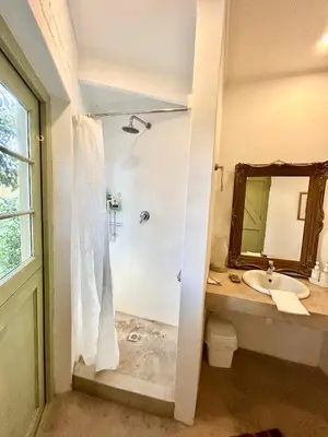 a bathroom with a shower and a sink and a mirror at The Annex in Pringle Bay