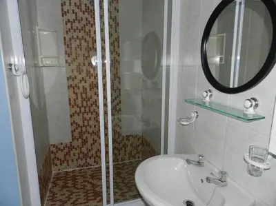 a bathroom with a shower and a sink and a mirror at De Blauwvoet - Flamingo Apartment in Cape Town