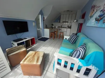 a living room with a bed and a kitchen at De Blauwvoet - Flamingo Apartment in Cape Town