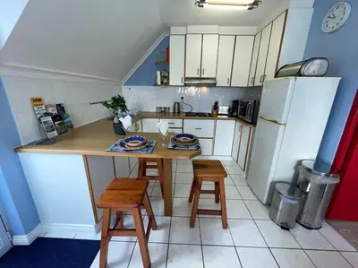 a kitchen with a table and chairs and a refrigerator at De Blauwvoet - Flamingo Apartment in Cape Town
