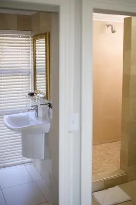 a bathroom with a sink and a shower at Fijnbos Private Manor in Gordonʼs Bay