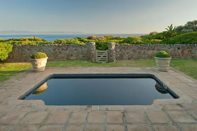 a swimming pool in a patio with two potted plants at Wild Waters at Kraal Rock on the cliffs in Hermanus in Hermanus