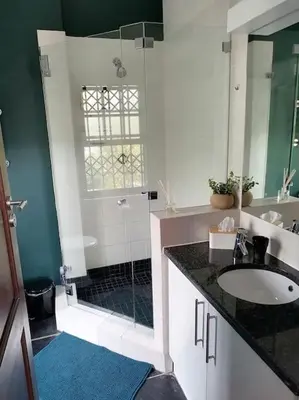 a bathroom with a shower and a sink and a mirror at The Lookout Loft, a short stroll into town in Stellenbosch