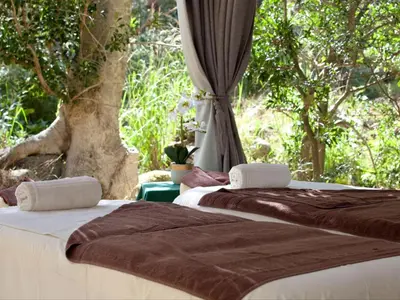 two beds sitting next to each other in front of a tree at Retreat at Waterfall Valley in Paarl